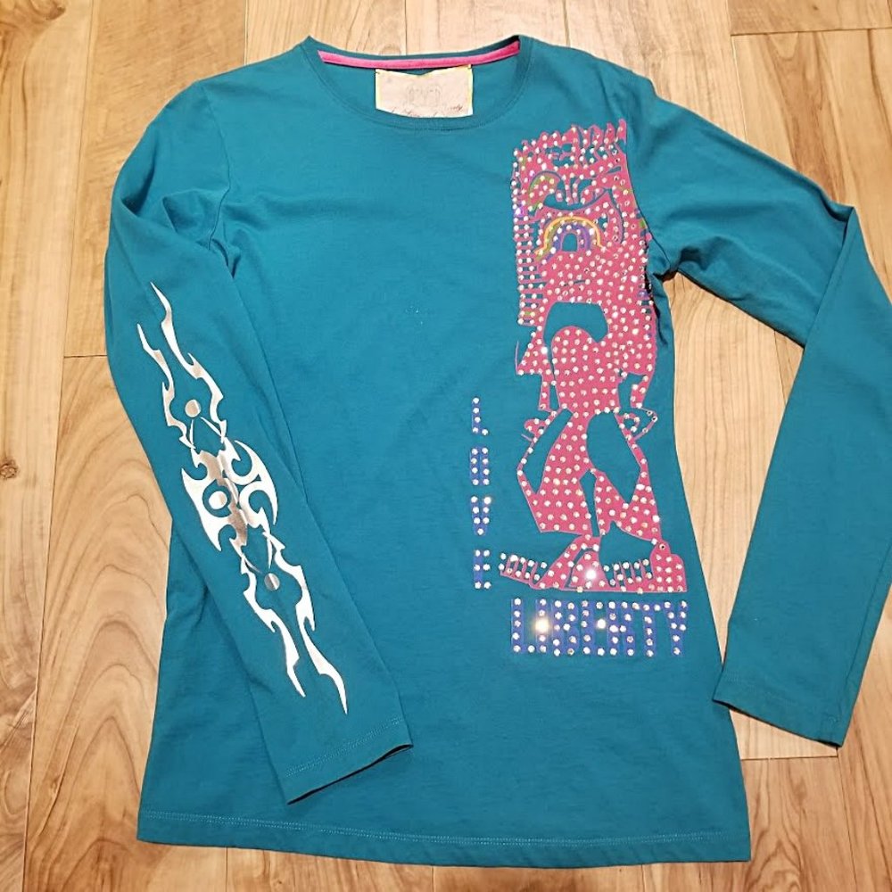 NOS 4 Love and Liberty Johnny Was Vintage Y2K Tiki Rhinestone Long Sleeve Top M